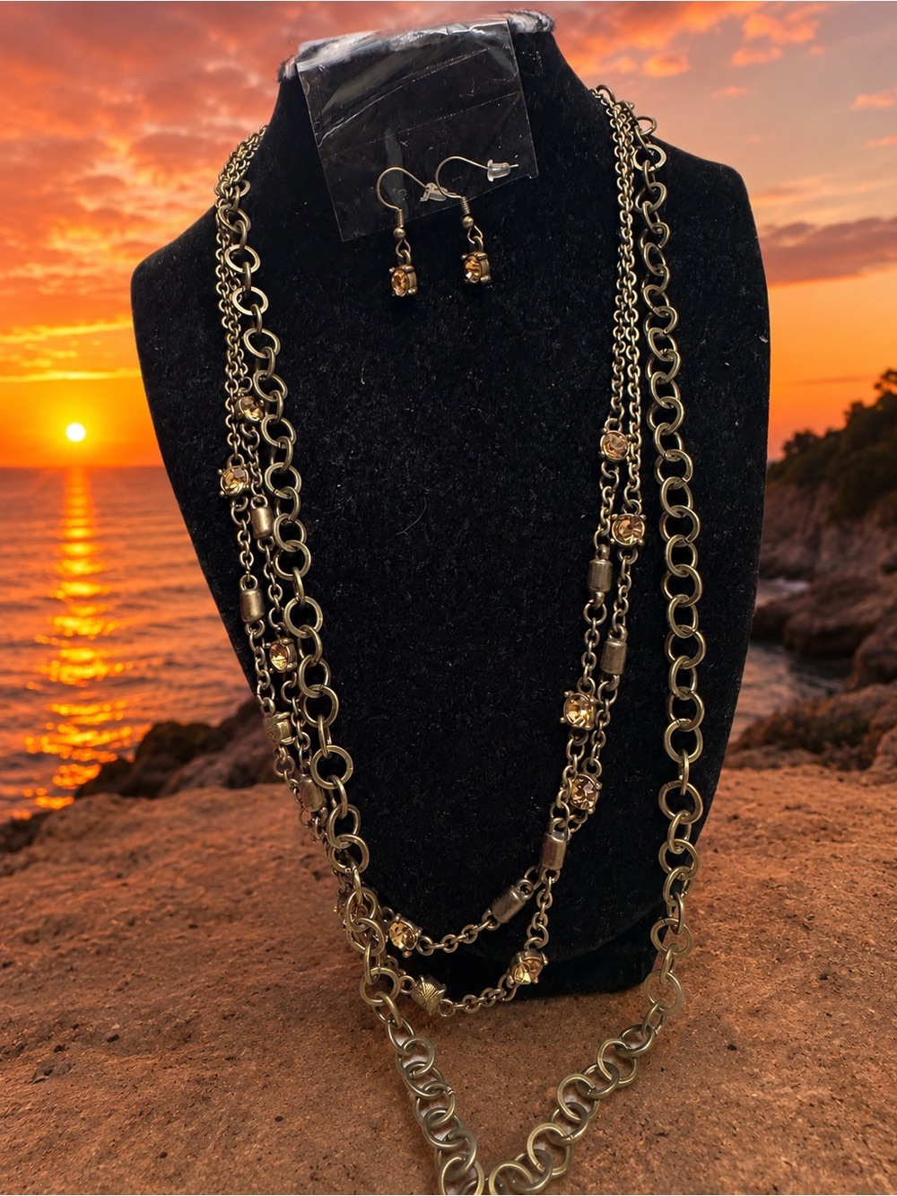Gold-Tone/Copper Multi-Strand Necklace with Matching Earrings